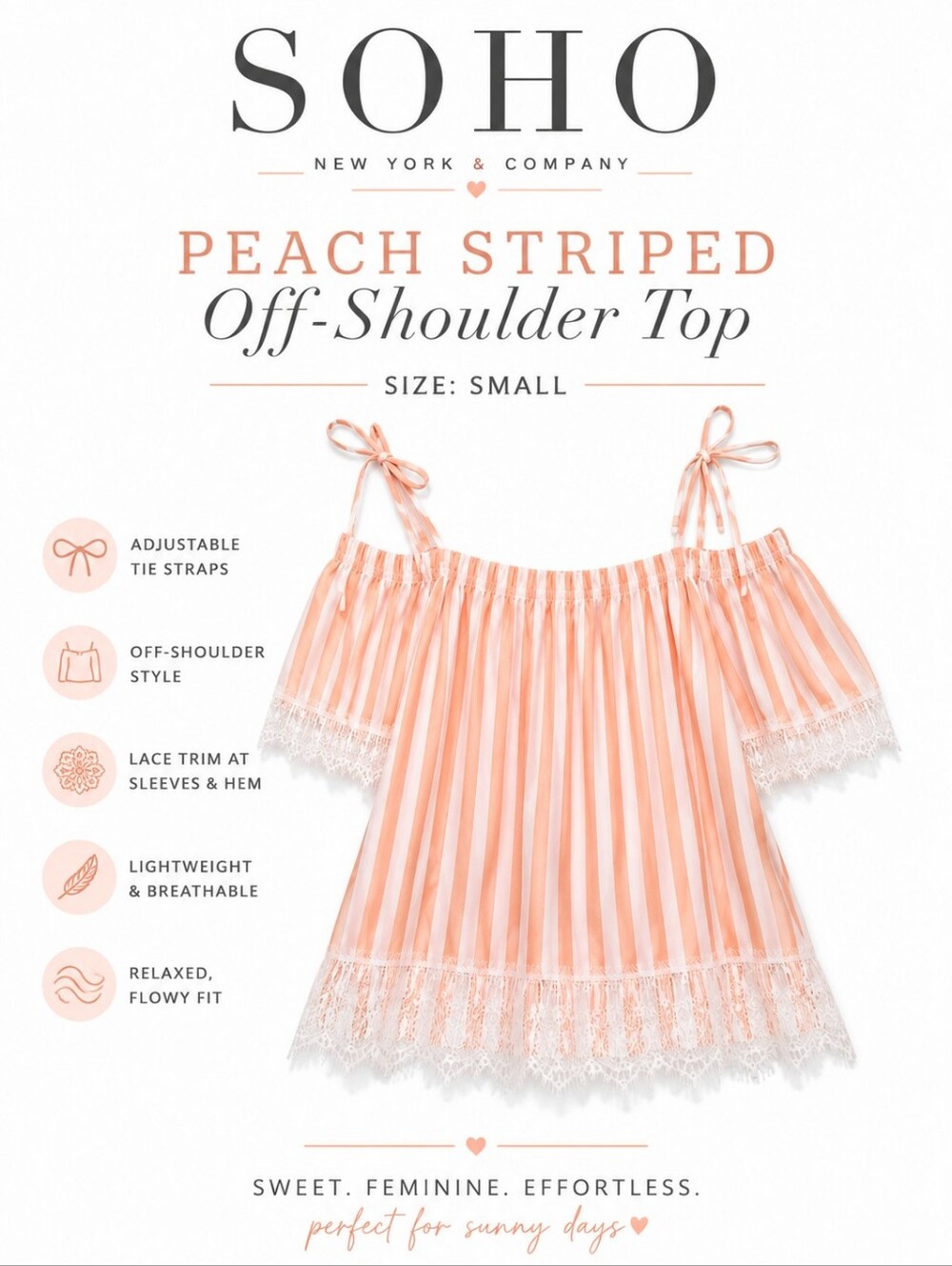 SOHO NY & Co Peach Stripe Off-Shoulder Lace Trim Top Size Small
